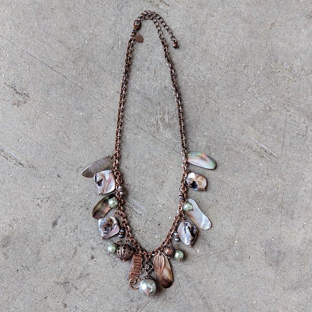 Lia Sophia Gold Broze Mother of Pearl Pendant Statement Necklace